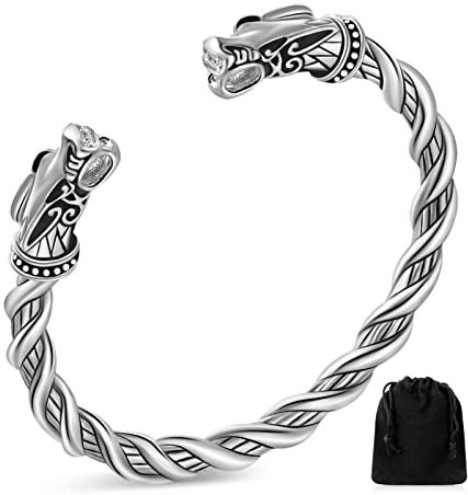 BBTO Doppeltes Drachenkopf Armband für Herren Verstellbares Wikinger Armband Verdrehter Drachen Armreif Nordisches Polierter Manschette Armreif Cooler Schmuck für Erwachsene (Silber)