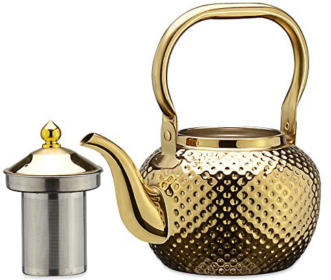 SANQIAHOME 1,2Liter Edelstahl-Teekanne mit Siebeinsatz, mit Teesiebgriff,Induktionsgeeignet Gold