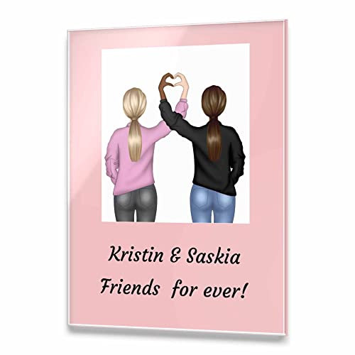 CHRISCK design Beste Freundinnen Bild aus Acryl Glas im Clipart Comic Cartoon Stil - individuell personalisiert mit Kleidung, Haaren, Namen & Text - Best Friends BFF Geschenk für Freundin