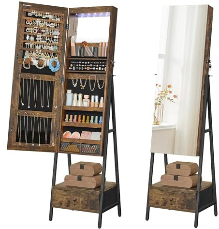 SONGMICS LED Cabinet Standing, Lockable Jewelry Armoire with Full-Length Mirror, Space-Saving Jewelry Organizer with Mirror, Bottom Drawer and Shelf, Gift Idea, Rustic Brown UJJC025X01
