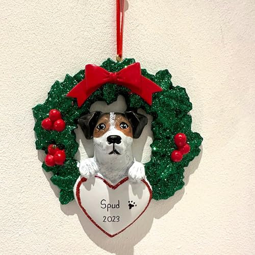Personalised Jack Russell Dog Christmas Tree Ornament, Customised Jack Russell Dog With Wreath Christmas Tree Pet Decoration Dog Ornament