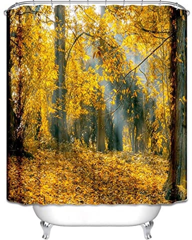 EHOMERY Duschvorhang Zum Kleben Badewannenvorhang Textil Herbstlicher Laubwald Duschvorhang Comic Duschrollo L Form Polyester Rostfreie Ösen Und 12 Hakenringe, 90X180Cm