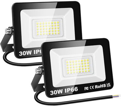 RIGIDON 2x 30W Projecteur d'extérieur Led, Luminaire Exterieur, 3000LM IP66 étanche Éclairage de Sécurité Extérieur, Projecteur led lampe de Patio Garage Terrasse Jardin Chantier, 6000K Blanc Froid