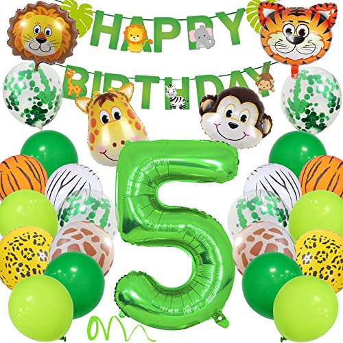 5 Años Decoracion Cumpleaños, Selva Fiesta Cumpleaños Decorar con Globos Animales Safari Happy Birthday Banner 40'' 5 Globo para Wild One Infantil Niño Suministros de Primer Cumpleaños