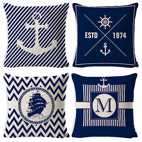 MFCGHXR 4 Stück Maritimes Thema Deko Kissenbezug,Dekorativer Kissenbezug 45 x 45 cm, Maritime Kissenhülle für Boote, Gastronomie, Innen und Außen