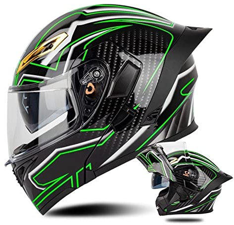 RUYICZB Motorradhelm Mit Heck DOT/ECE-Zugelassene Klapphelme Mit Doppeltem Antibeschlag-Visier, Integralhelm Für Erwachsene, Männer Und Frauen,Grün,L