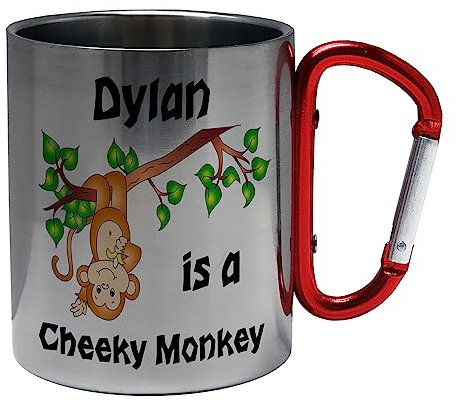 Personalised (Any Name) is A Cheeky Monkey Steel Mug w/Carabiner Handle