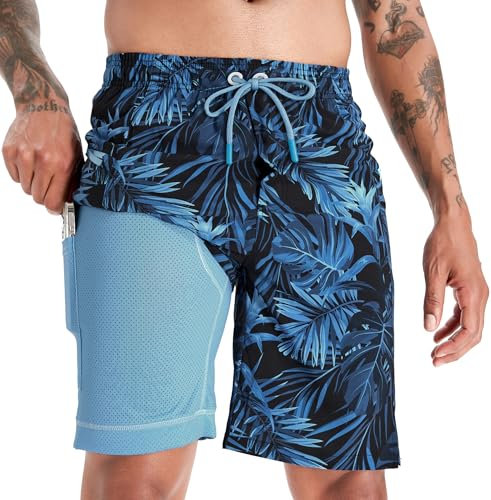 APTRO Costumi Pantaloncini da Bagno Uomo Mare Surf Piscina Stampa Hawaiana Estiva Grande Asciugatura Rapida con Fodera in Rete Palma Giallo Navy MK282 M