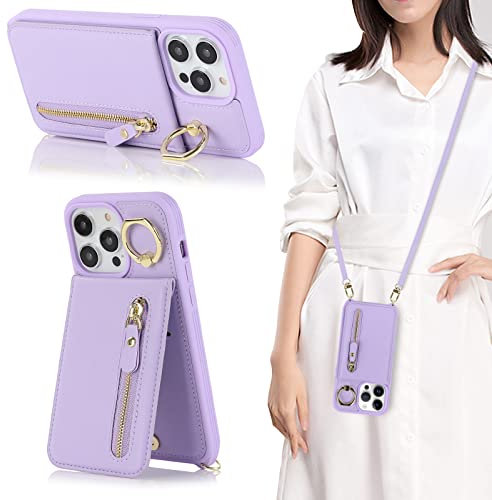 Cavor Phone Case compatible with iPhone 13 Pro With Strap,Flip Folio Leather Wallet Case,[4 Card Holder][Ring Stander][Snap Closure] Crossbody Lanyard Cover - Purple