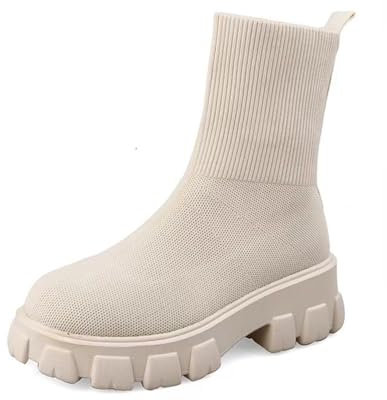 Ulalaza Stivali da donna in maglia elasticizzata Punta tonda Tacchi alti Calzini Stivali Stivali Chelsea con plateau Stivali elasticizzati in maglia Slip-on Stivaletti con calzini antiscivolo