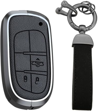 KUNIO Keyless Coque de clé Convient pour Jeep Renegade Compass Grand Cherokee Dodge Convient pour Fiat 500X Ducato Tipo Cross Alliage Cuir Alliage Porte-clés Porte-clés 3 boutons, Noir, 3 Tasten