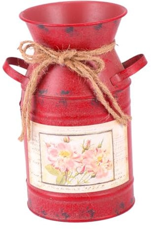 Amosfun Vintage Milk Pot Flower Arrangement Iron Bucket Rustic Garden Plant Pot for Home Decoration Small Farmhouse Style Floral Vase with Handle 7.5X3.9X3.9 Inches