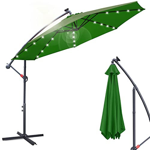 Eulenke 350 cm Parasol avec LED Solaire, Parasol Déporté avec manivelle e pied, Angle d'inclinaison et hauteur réglables, Parasol de jardin avec protection UV pour balcon jardin terrasse, Vert