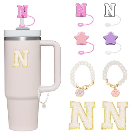 Letter Stanley Straw Cover 2Pcs Dustproof 10mm Straw Cover for Stanley Cup Accessories Include 2pcs Personalized Name ID A-Z Pearl Hangings Letter Stickers(N)