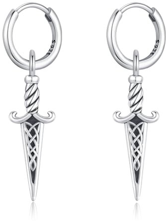 MEDWISE Keltische Dolch Creolen Ohrringe 925 Sterling Silber Keltische Ohrringe Schwert Anhänger Kreuz Tropfen Schmuck Geschenk für Herren Sohn Teenager Damen Männer