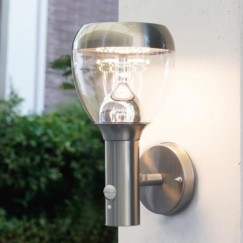NBHANYUAN Lighting Außenleuchte mit Bewegungsmelder,4 Beleuchtungsmodi Lampe Wand mit SUS304 Edelstahlblende,IP44 LED Wandleuchte für Haus,Silber,9W,220-240V