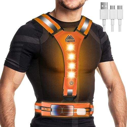 Topward LED Laufweste Warnweste Fahrrad, High-Vis reflektierende Sicherheitsweste, 360°reflektierendes Band, wiederaufladbar per USB-C, wasserdicht, einstellbar