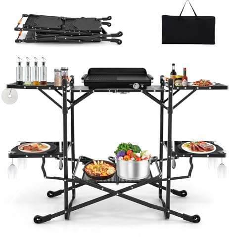 COSTWAY Mueble Cocina Camping, Mesa Plegable Camping con 4 Mesas Auxiliares, Mesa Cocina Camping, Marco de Aluminio, Estante de Almacenamiento, Bolsa de Transporte, 135 x 54 x 88 cm
