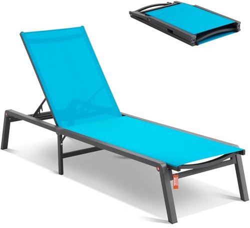 VEVOR Tumbona de Jardín para Exterior 1 Pieza Tumbona Plegable de Aluminio para Patio con 5 Posiciones Ajustables Tumbona Reclinable Totalmente Plana para Playa, Piscina, Exterior, Terraza, Azul