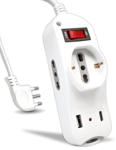 V-TAC Multipresa Elettrica USB C Power Delivery 20W + Porta USB A + 2 Prese Laterali 10/16A Bipasso e 1 Frontale 10/16A Bipasso Schuko - Ciabatta Type-C - Presa per Casa, Ufficio - Spina 16A