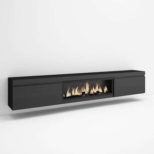 Skraut Home | TV-Schrank, Lowboard | für Wohnzimmer und Esszimmer | 267x45x35 cm | Für großformatiges TV | Elektrokamin XXL | Hängend | Moderner Stil | Schwarz