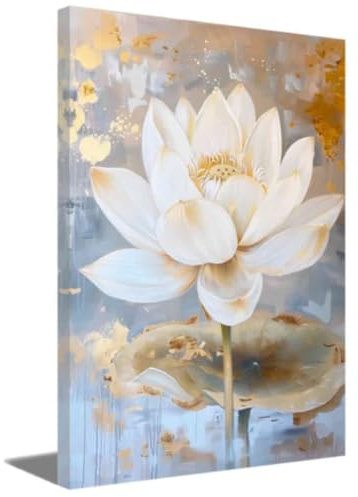 ZQQART Zen Lotus Wanddekoration Badezimmer Dekor Platin Lotus Gemälde blühende Seerose Bild Leinwanddruck Meditation spirituelle Raumdekoration (Weiß,30x45cm)
