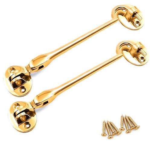 onesto Pack 2 Brass Cabin Hook Silent Type 100mm – Solid Brass Door Latch for Gates, Sheds, Windows & Cupboards – Traditional Quiet Design with Fixings