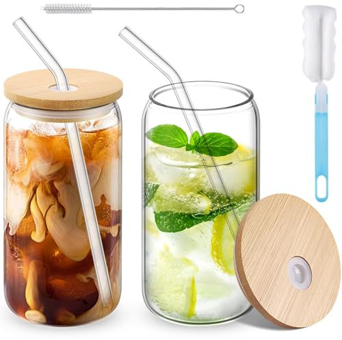 Eidoct 2 Empty 400ml Can Shaped Glasses, Can Shaped Glasses with Airtight Bamboo Lids, Glass Straws & Straw Cleaning Brush, Iced Coffee Glass for Smoothies, Beer, Parties, BBQ