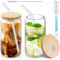Eidoct 2 Empty 400ml Can Shaped Glasses, Can Shaped Glasses with Airtight Bamboo Lids, Glass Straws & Straw Cleaning Brush, Iced Coffee Glass for Smoothies, Beer, Parties, BBQ