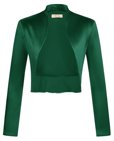 Belle Poque Boléro vintage en satin à manches longues ouvert sur le devant avec ourlet froncé pour femme, vert foncé, L