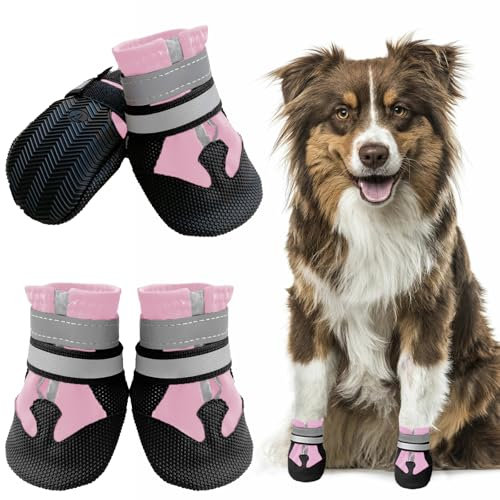 Muecleao Hundeschuhe Pfotenschutz, 4 Stück Wasserdicht Anti-Rutsch Hundestiefel mit Rutschfester Sohle und reflektierendem Klettverschluss, Hunde Schuhe für kleine, Mittlere und Große Hunde (Rosa, L)