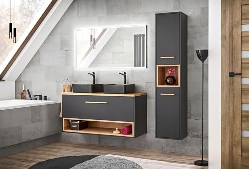 Easy4You Unterschrank BC 120 cm Grau/Eiche Artisan Hängeschrank Badschrank Badezimmerschrank mit Schublade und Ablage Soft-Close Badmöbel-Set