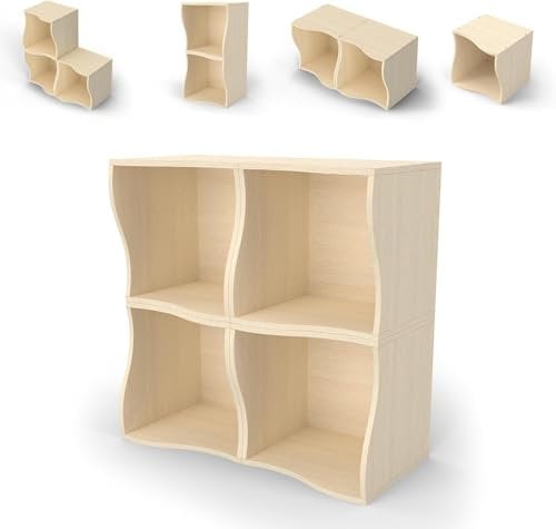 sarben Bücherregal, ModularesWürfelregal Standregal, Welliges Design, Frei Kombinierbar 4er Set Holzfarbe Bücherschrank, Lagerregal für Büro, Arbeitszimmer, Wohnzimmer, Schlafzimmer