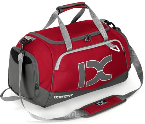 INOXTO Große Sporttasche, Faltbare Sport-Reisetasche mit Nass- und Trockentaschen und Schuhfach, Herren und Damen, Wochenend-Übernachtungs-Camping-Reisetasche (rot mit weiß)