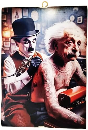 KUSTOM ART Wandbild Serie Große Charaktere der Geschichte Albert Einstein Charlie Chaplin Tattoo auf dem Rücken Druck auf Holz 25 x 18 cm