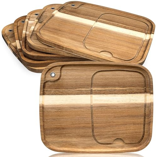 OJMHD 6 Pcs Acacia Wood Steak Boards, Wooden Steak Serving Plates Bulk | Wooden Chopping Cutting Board with Juice Channel for Kitchen Charcuterie Meat Snack Dessert, 33 x 28 cm