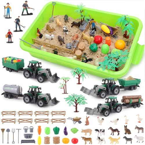 deAO Farm Tractor Set with Space Sand, Realistic Animal Models & Construction Vehicles, Farmer Figures, Farm Building Accessories, Vegetable Garden Kits, Storage Box, Role Play Toys for Kids 3+