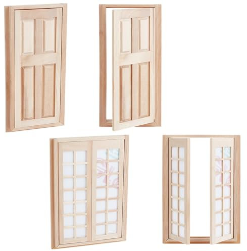 OLYCRAFT 1pz Mini Finestra In Legno e 1pz Porta In Miniatura 1:12 Telaio per Finestra In Miniatura Non Finito Mini Porte In Legno Non Verniciate Mobili In Miniatura Scena In Miniatura Ornamenti