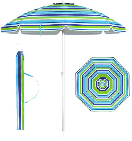 COSTWAY Sombrilla Playa, 198 cm, Parasol Inclinación de Botón, Protección Solar, Anclaje para Arena, Bolsa de Transporte, Sombriila Jardin Terraza Piscina (Verde + Azul)