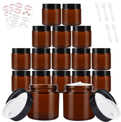 Lot de 15 bocaux de rangement en verre ambré avec couvercles hermétiques et doublure intérieure pour lotion, crème pour le visage, bougies à faire soi-même, huiles essentielles, etc. 120 ml