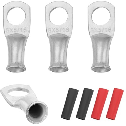 sourcing map 4pcs 8 AWG M8 Battery Lugs Ring Terminals, 5/16 8mm,Silver | Stud Crimp Wire,Terminal Connector End Copper, 3:1 Heat Shrink Tubing