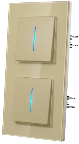 MVAVA Lichtschalter Unterputz, Lichtschalter mit Blaue Leuchtstreifen, Moderne Glas Schalter, Einfache Montage 157mm*86mm Wandschalter, Doppelt 1 Fach 2 Wege Gold
