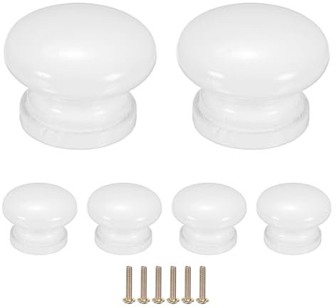 M METERXITY 6-Pack Kicthen Cabinet Knobs, 1-3/8 in(35mm) Solid Wood Round Drawer Pull Handle for Dresser/Office/Cupboard, Drawer Knob Hardware [White]