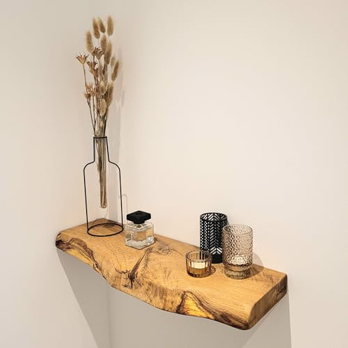 Massivholz Wandregal deutsche Eiche – verdeckte Halterung – rustikale Baumkante – 40X15 cm – handgefertigt, schwebendes Wandboard, Regalboden, unsichtbare Befestigung, rustikal, natürlich, hängend