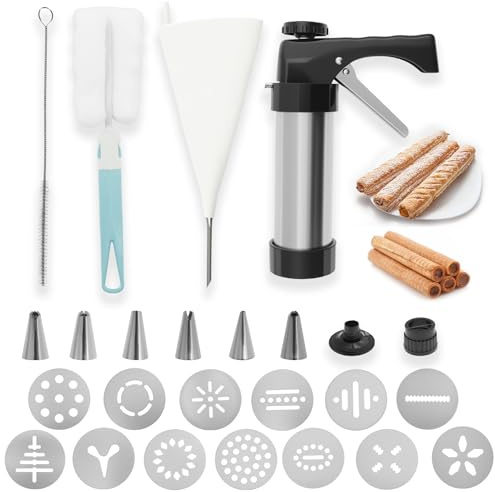 Ghshanog Churro Maker Kit, Stainless Steel Churro Maker with Piping Bag/ 9P Nozzle/ 13 Flower Pieces/ 2 Brushes, Multifunctional Cookie Press Machine for Home Basking