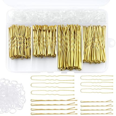 300 Pièces Epingle Cheveux Femme, avec Élastiques Transparentes | Pinces Chignon U Epingle 2 pouce 2,36 pouce, Pinces à Cheveux 2 pouce 2,75 pouce avec Boîte de Rangement (Or)