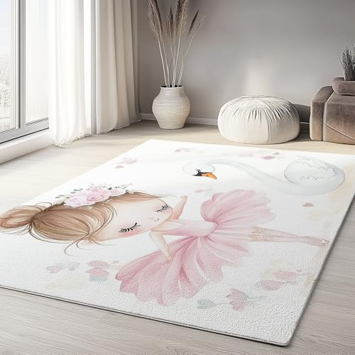 Generisch Teppich Gegend Schlafzimmer 60 x 90cm, Wohnzimmerteppich Waschküche Waschbar Carpet rutschfest Kurzflor Weich Kleines Ballerina-Mädchen weißer Schwan Teppiche für Esszimmer Küche