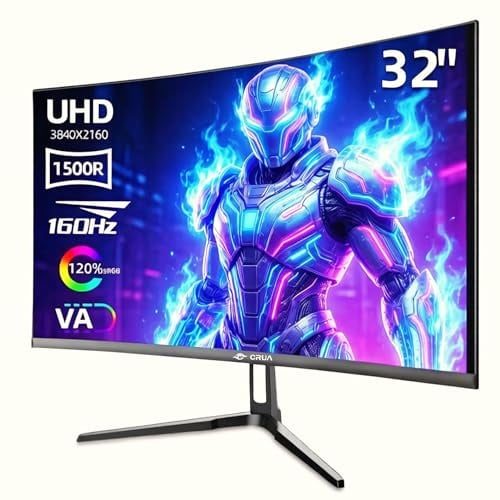 CRUA 32 Curved Gaming-Monitor, 4K UHD (3840 x 2160p) VA-Bildschirm, 1500R, 144/160 Hz, unterstützt AMD FreeSync, 120% sRGB, HDR10, Wandmontage möglich, 2 x HDMI 2.1, 2 x DisplayPort 1.4