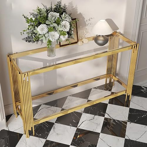 Sinyuyong Console Moderne dorée avec étagères à Deux Niveaux, Plateau en Verre trempé for Salon, entrée, Bureau, Montage Facile(A)