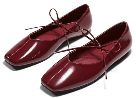 Coutgo Womens Mary Jane Flats Lace Up Square Toe Ballet Ballerina Flats Slip On Comfortable Dressy Shoes, Burgundy Patent Leather, Size 8.5
